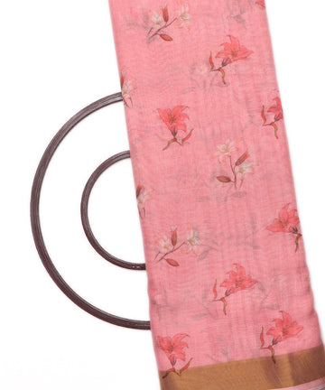 rose pink digital floral printed zari border doria linen fabric
